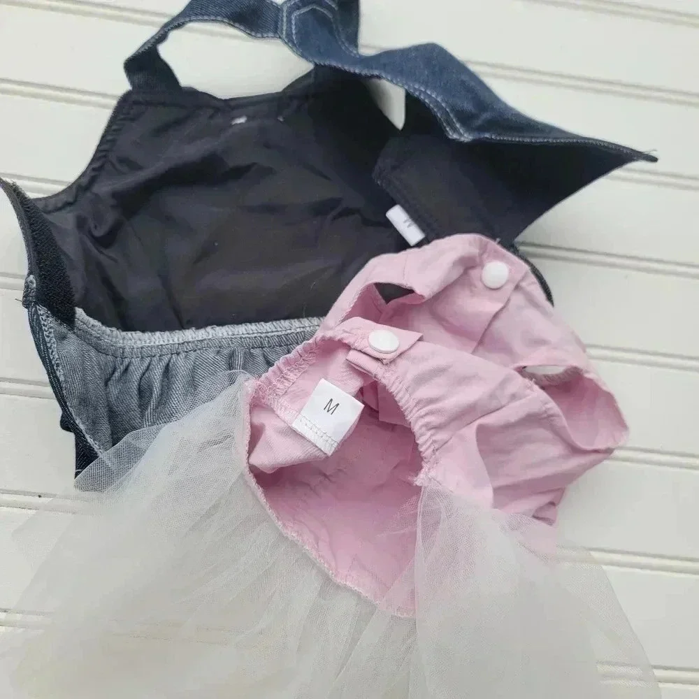 Set Of 2 Cute Bow Pet Dog Dress Harness Tulle Jean Blue Pink Bow Pink Sz M